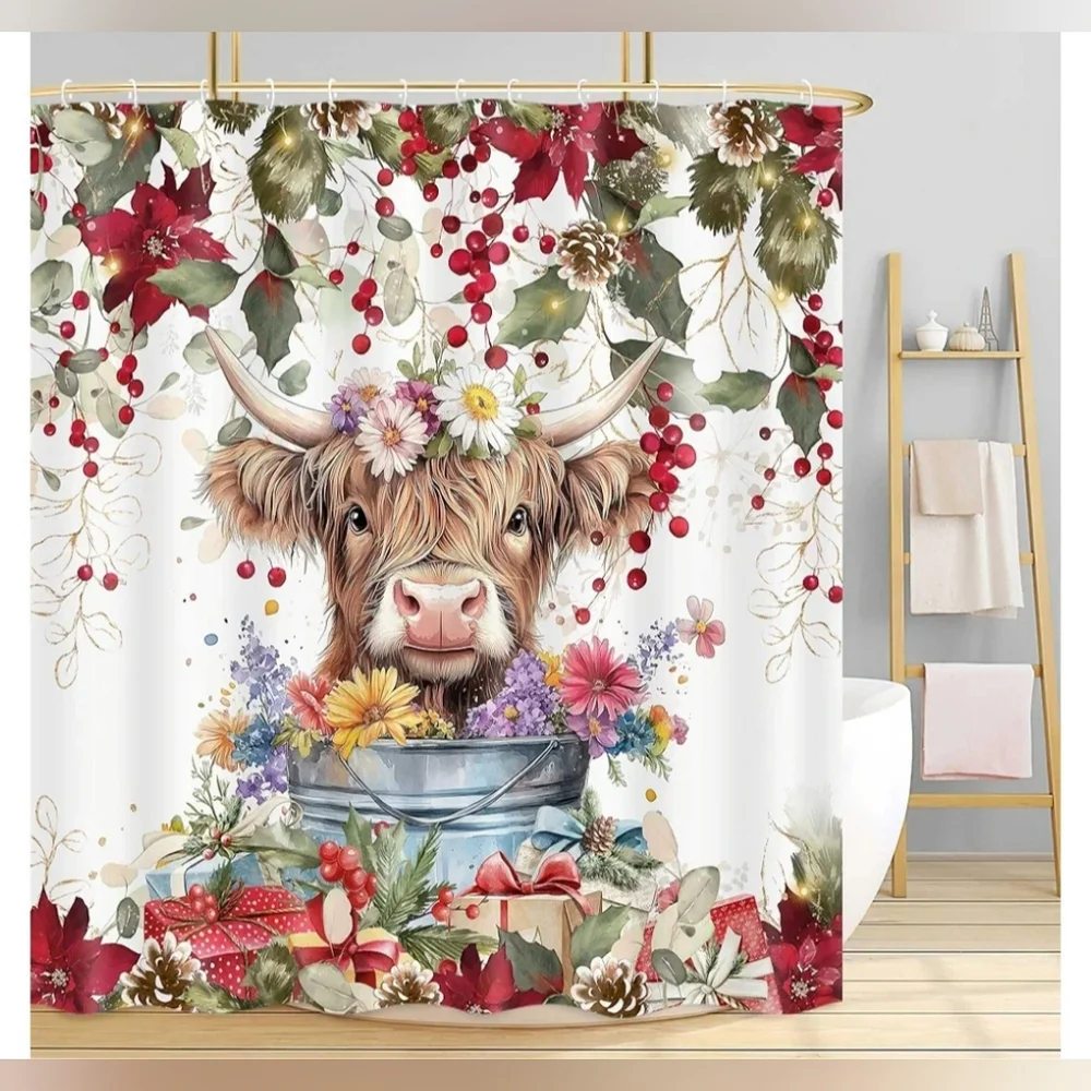 NEW Highland Cow Shower Curtain Poinsettias Holly Christmas Holiday Set w/ Hooks